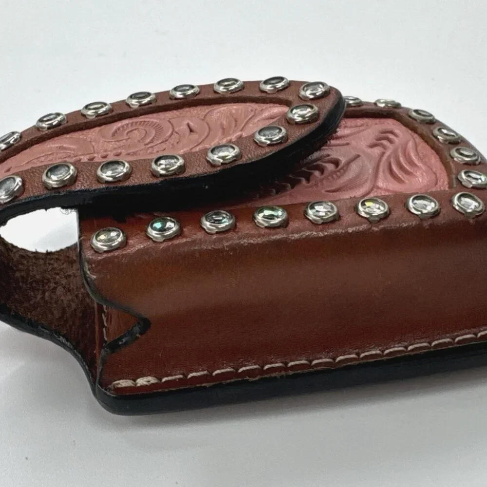 Hilason Hand Tooled Leather Bling Pink Western Cell Phone Case with Belt Clip